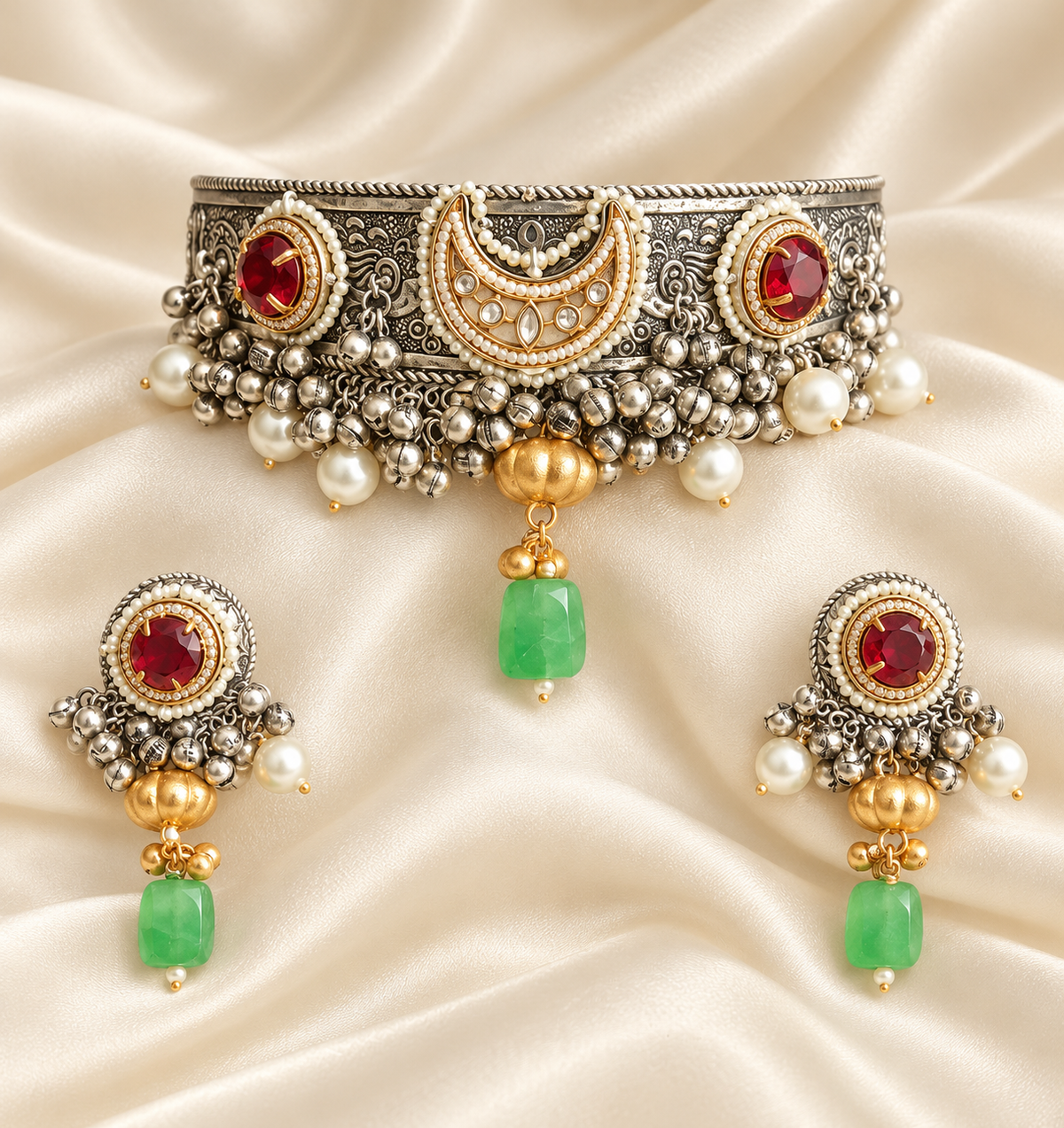 Fusion Green Drop Crescent Choker Set — AI-styled studio view; compare with original photograph