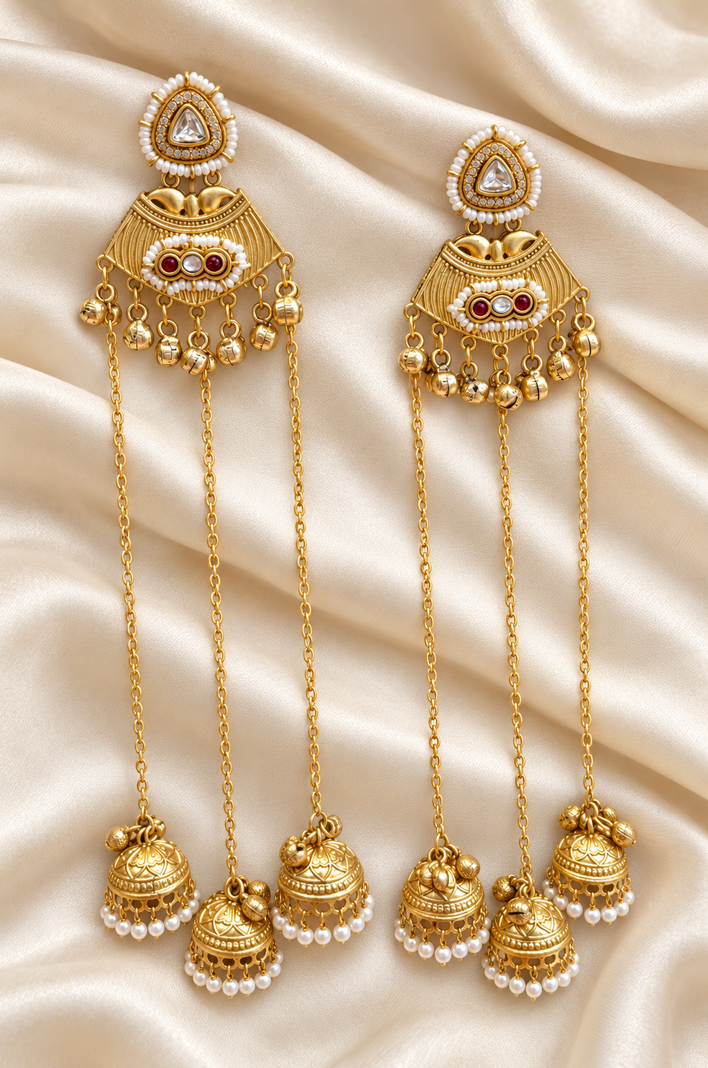 Fusion Clear Stone Chain Jhumka Earrings — AI-styled studio view; compare with original photograph