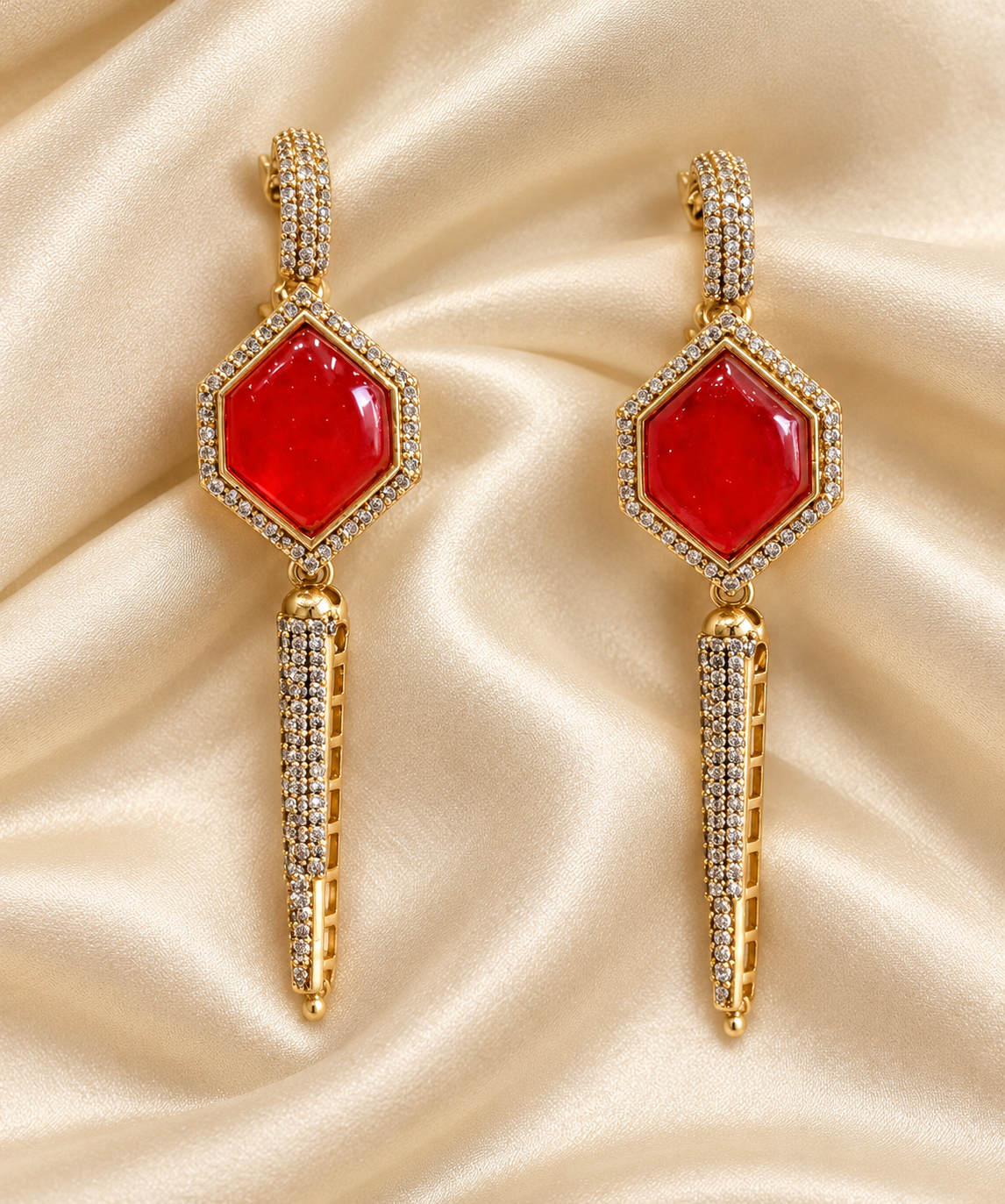 Fusion Red Geometric Drop Earrings — AI-styled studio view; compare with original photograph