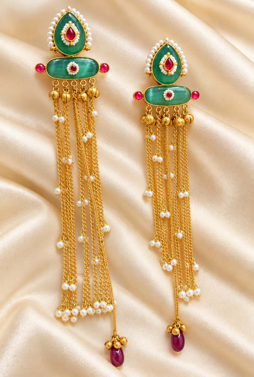 Fusion Green & Red Pearl Tassel Earrings — AI-styled studio view; compare with original photograph
