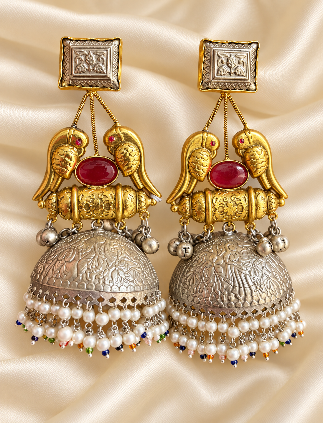 Fusion Peacock Silver-Tone Jhumka Earrings — AI-styled studio view; compare with original photograph