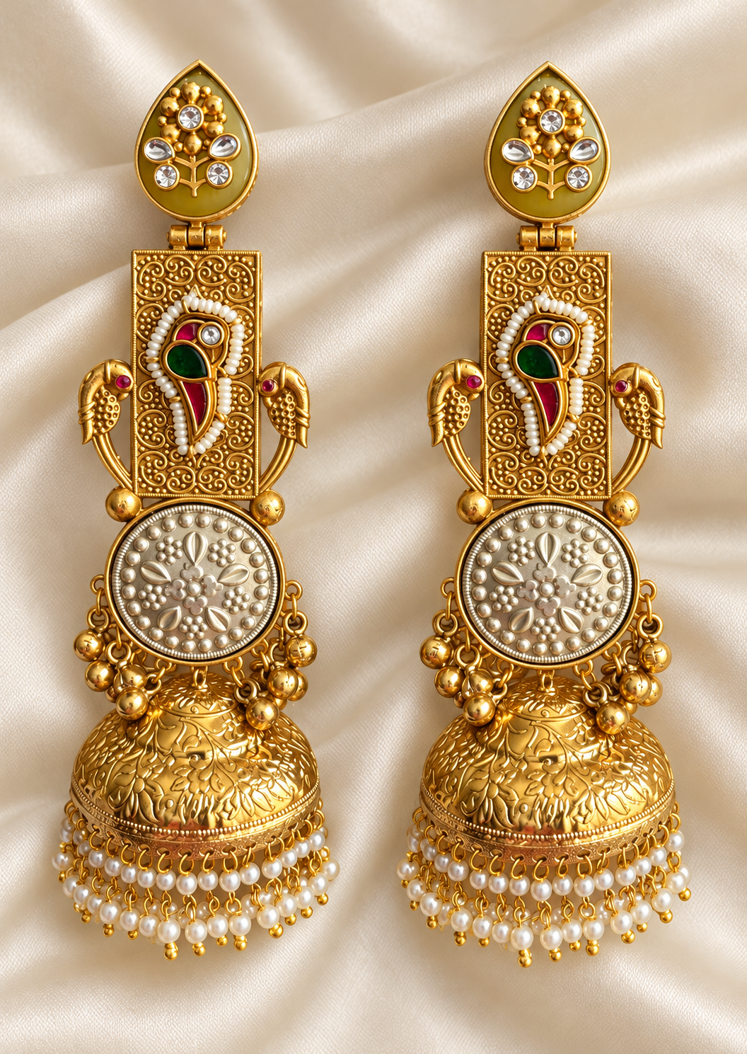 Fusion Peacock Coin Jhumka Earrings — AI-styled studio view; compare with original photograph