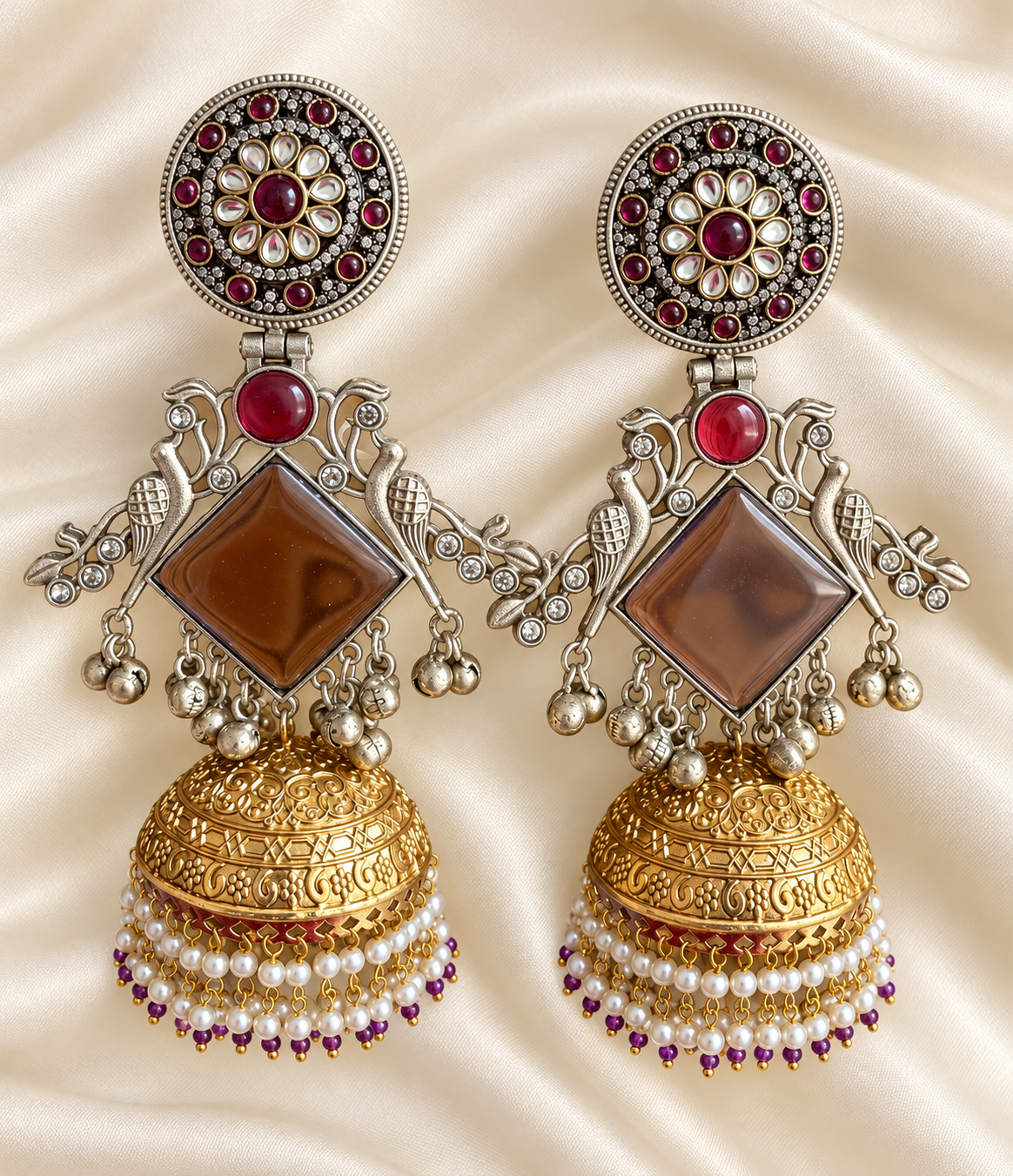 Fusion Mirror & Jhumka Drop Earrings — AI-styled studio view; compare with original photograph