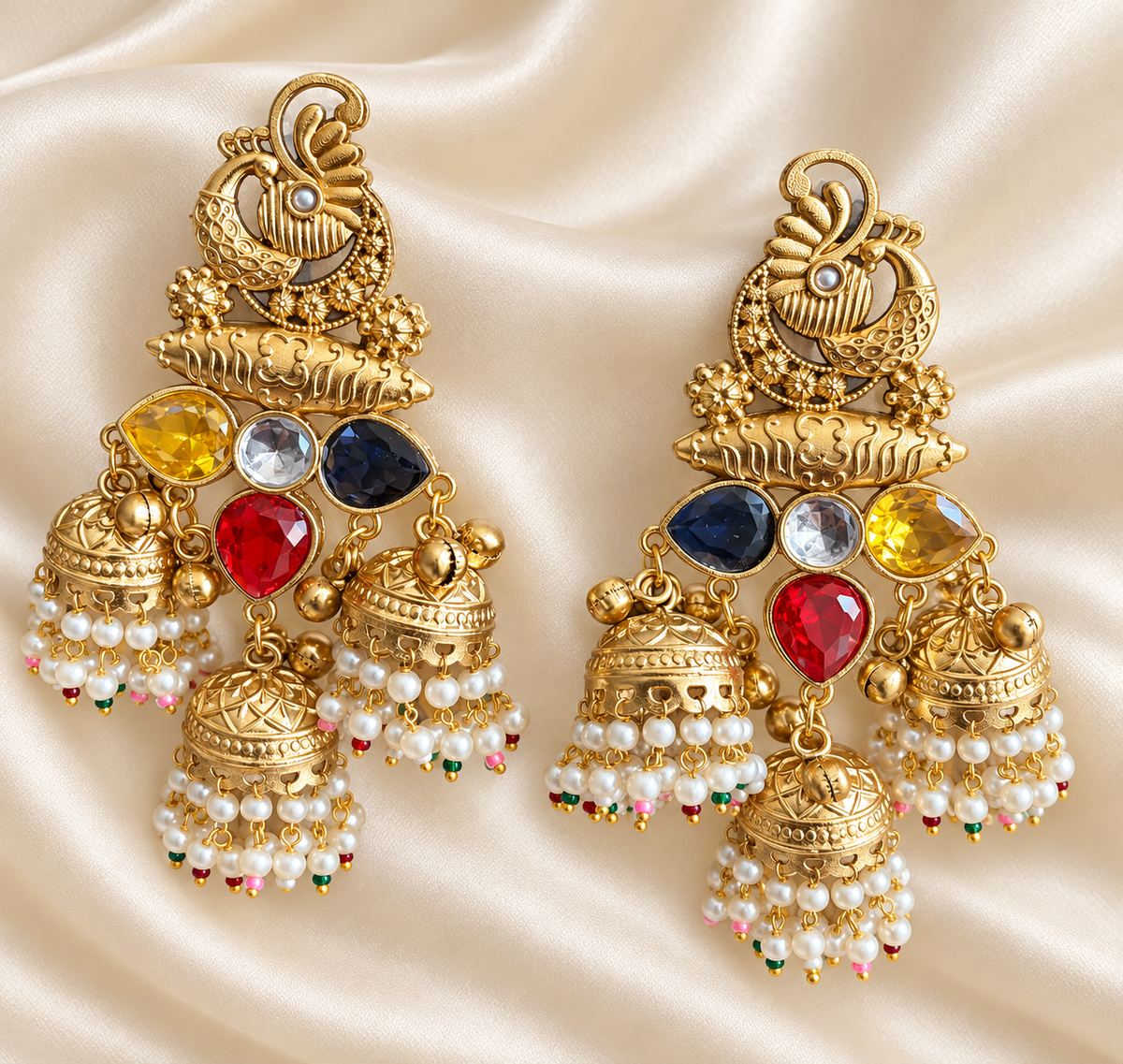 Fusion Multicolour Peacock Jhumka Earrings — AI-styled studio view; compare with original photograph