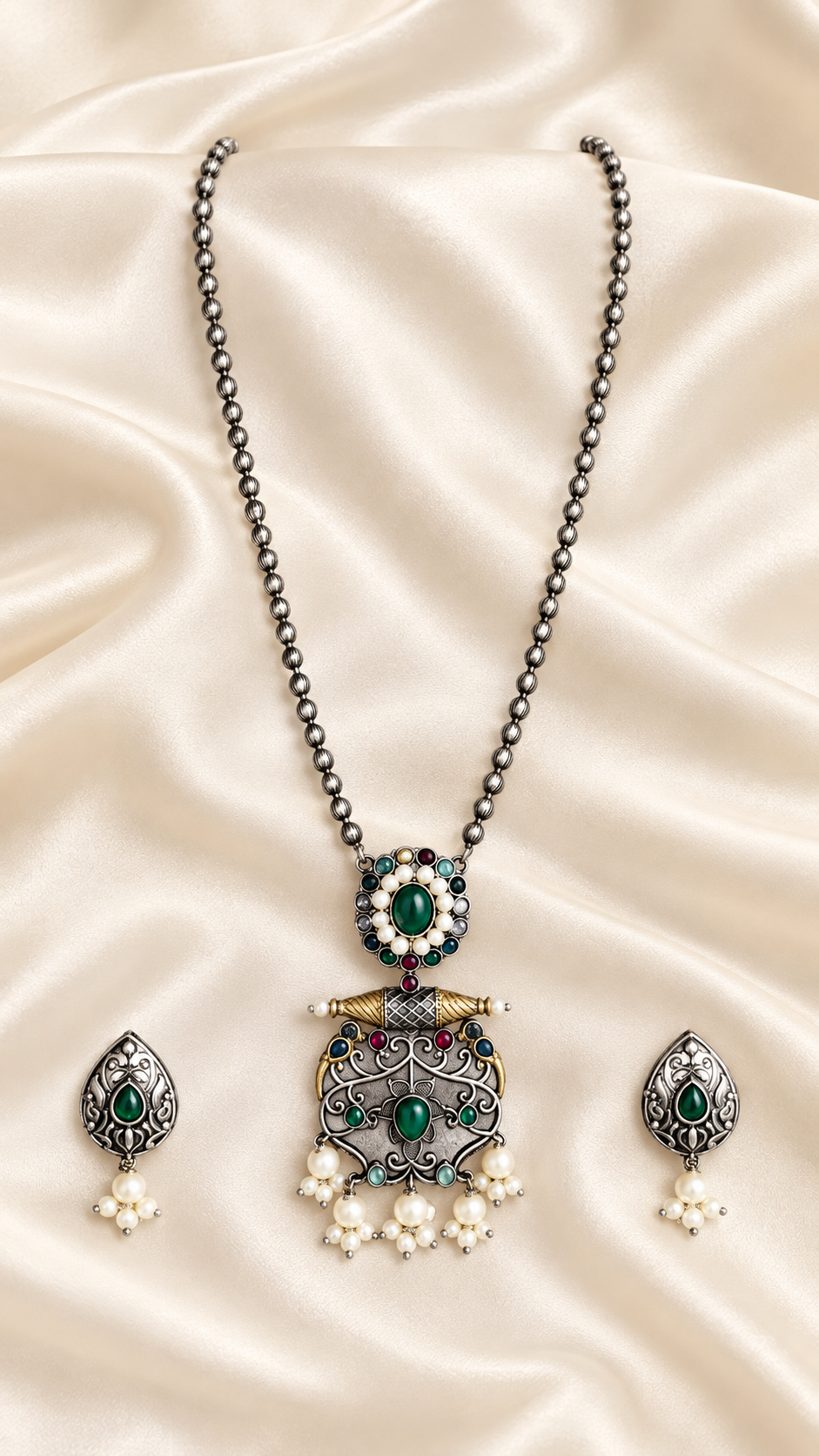 Fusion Green Pendant Black Bead Set — AI-styled studio view; compare with original photograph