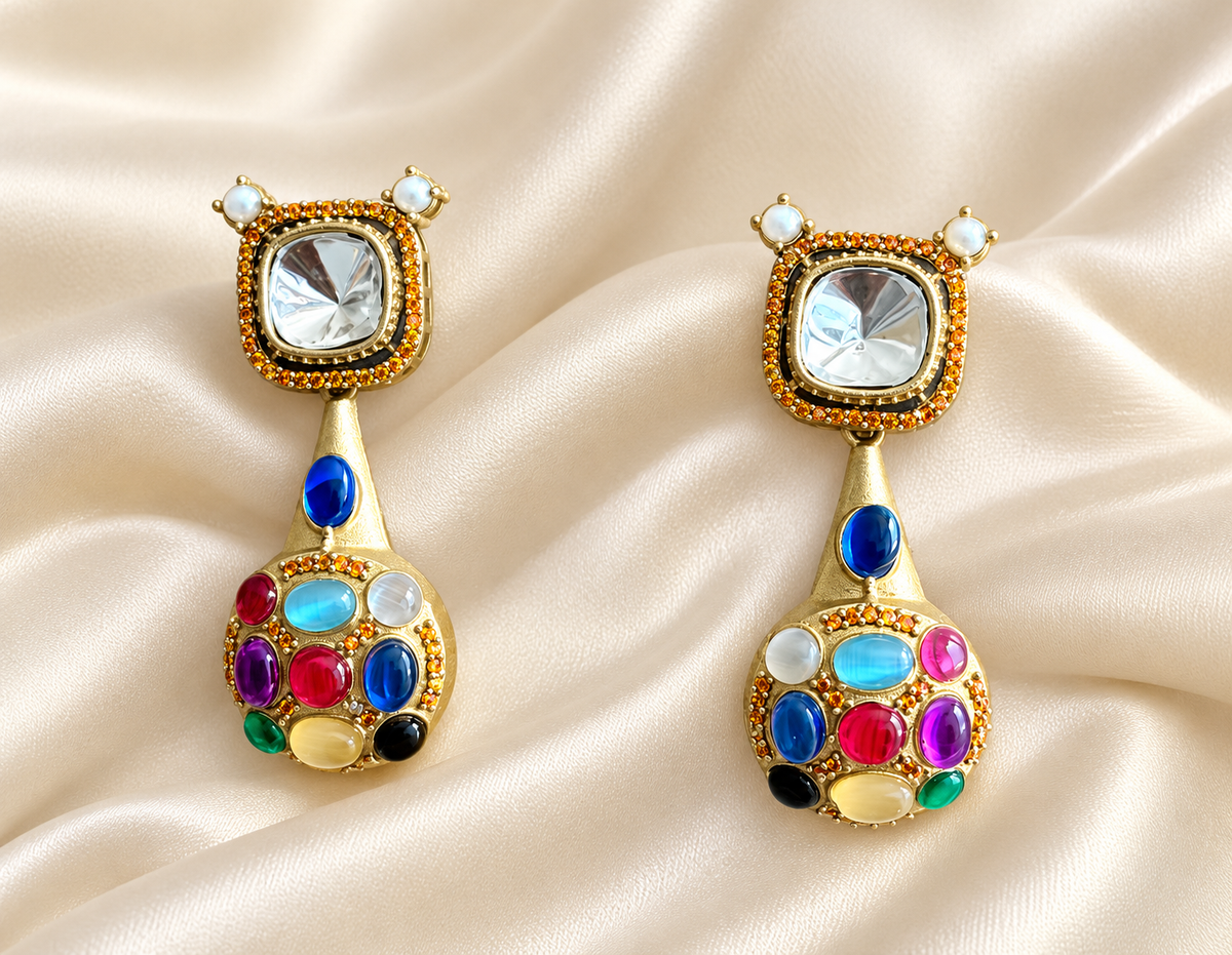 Fusion Multicolour Bead Drop Earrings — AI-styled studio view; compare with original photograph