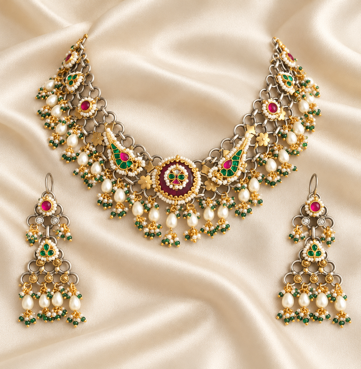 Fusion Red & Green Fringe Necklace Set — AI-styled studio view; compare with original photograph