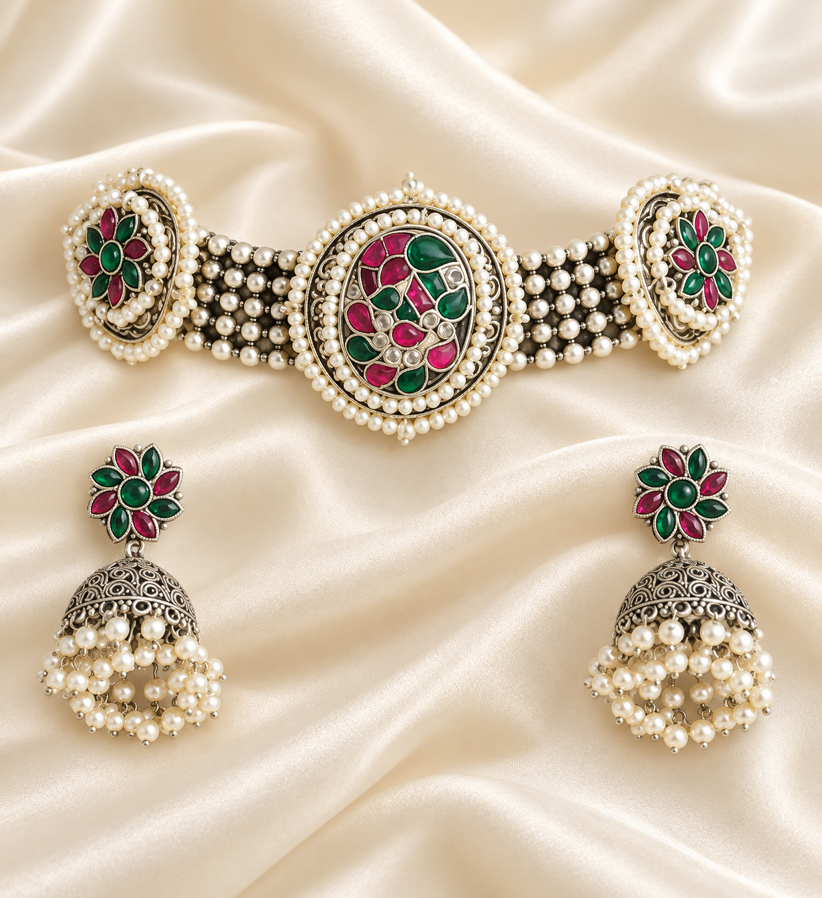 Fusion Round Floral Choker Set — AI-styled studio view; compare with original photograph