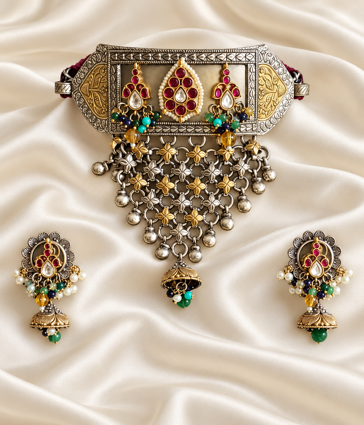 Fusion Teardrop Lattice Choker Set — AI-styled studio view; compare with original photograph