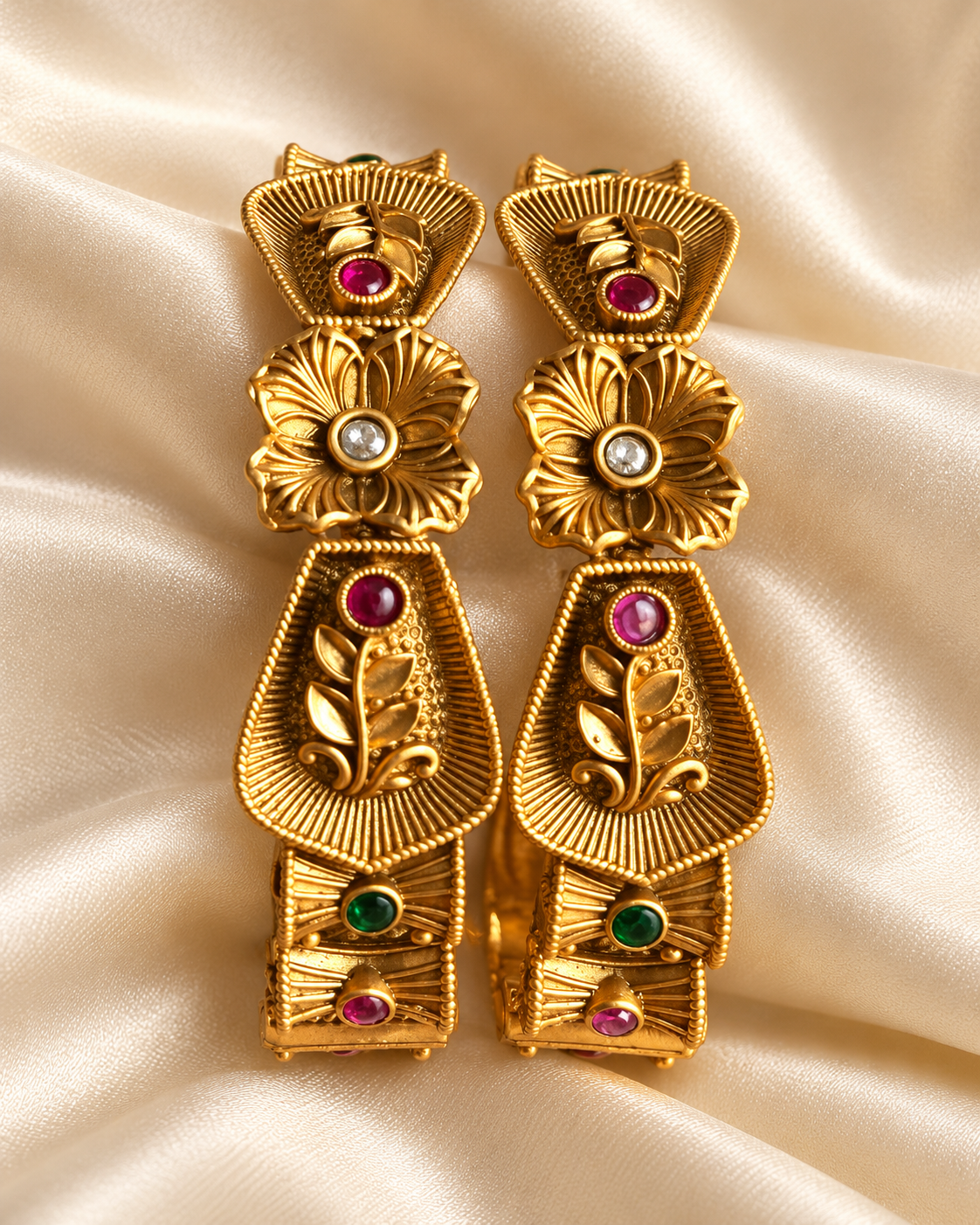 Kundan Floral Fan Red Accent Bangle Set — AI-styled studio view; illustrative, compare original product photograph