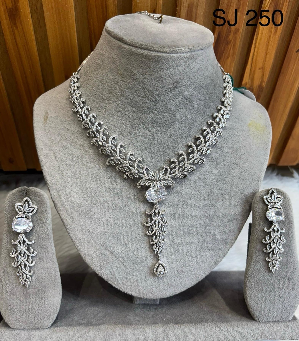 American Diamond-Style Clear Leaf Y Cascade Necklace Set — original client product photograph