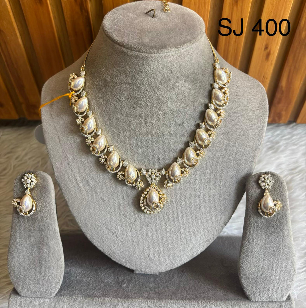 American Diamond-Style White Oval Teardrop Necklace Set — original client product photograph