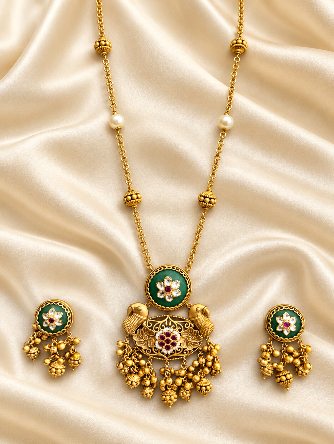 Heritage Green Accent Drop Pendant Set — AI-styled studio view; compare with original photograph