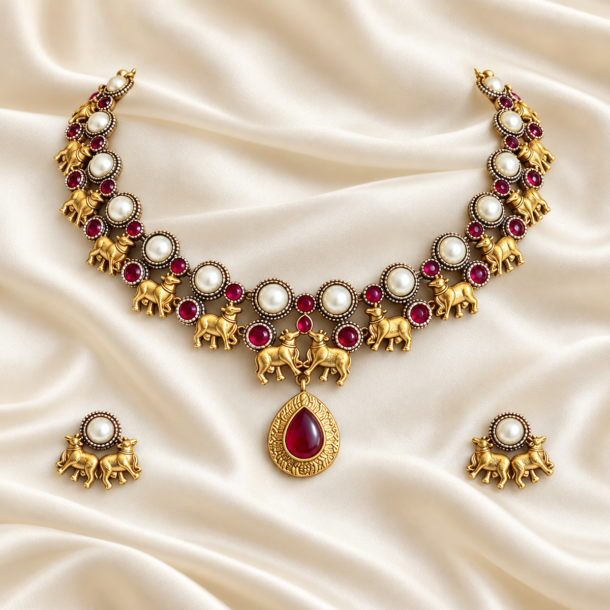 Fusion Red Teardrop Necklace Set — AI-styled studio view; compare with original photograph