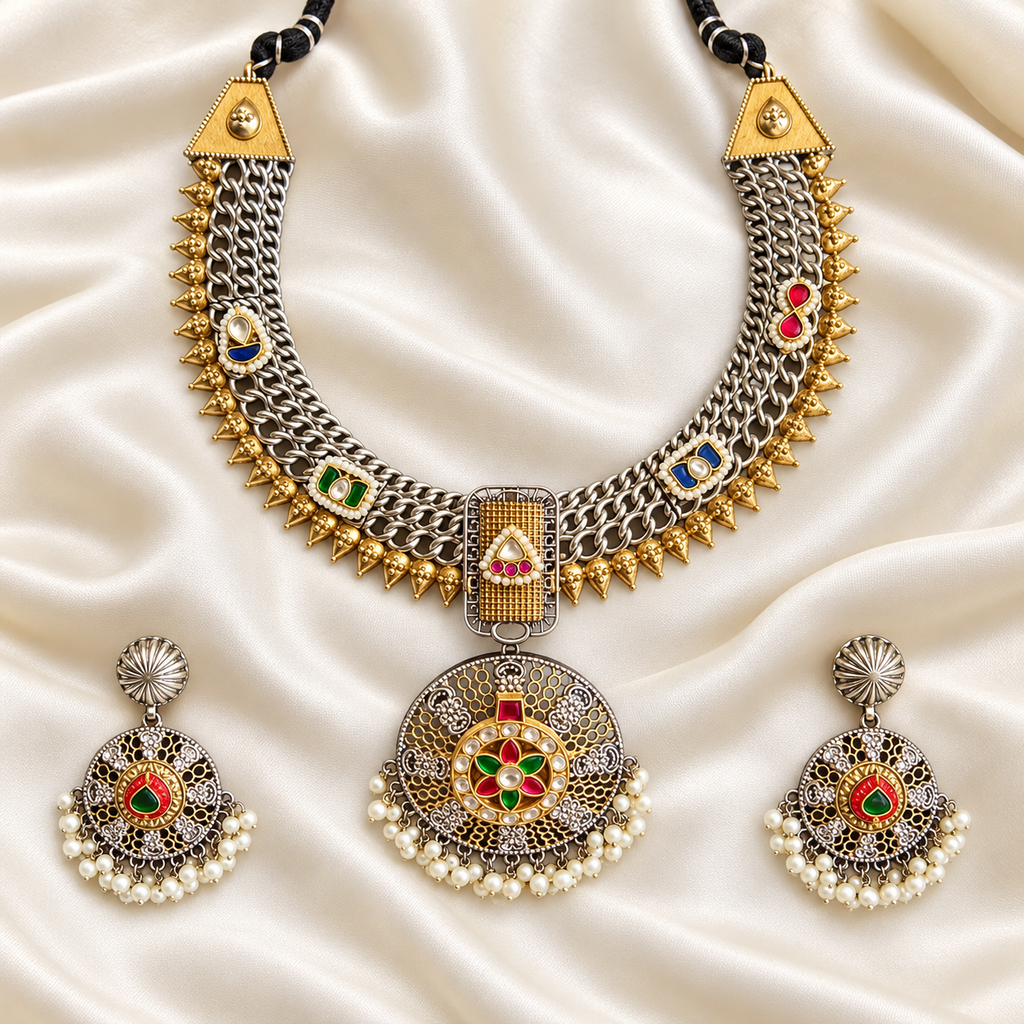 Fusion Round Pendant Layered Chain Set — AI-styled studio view; compare with original photograph