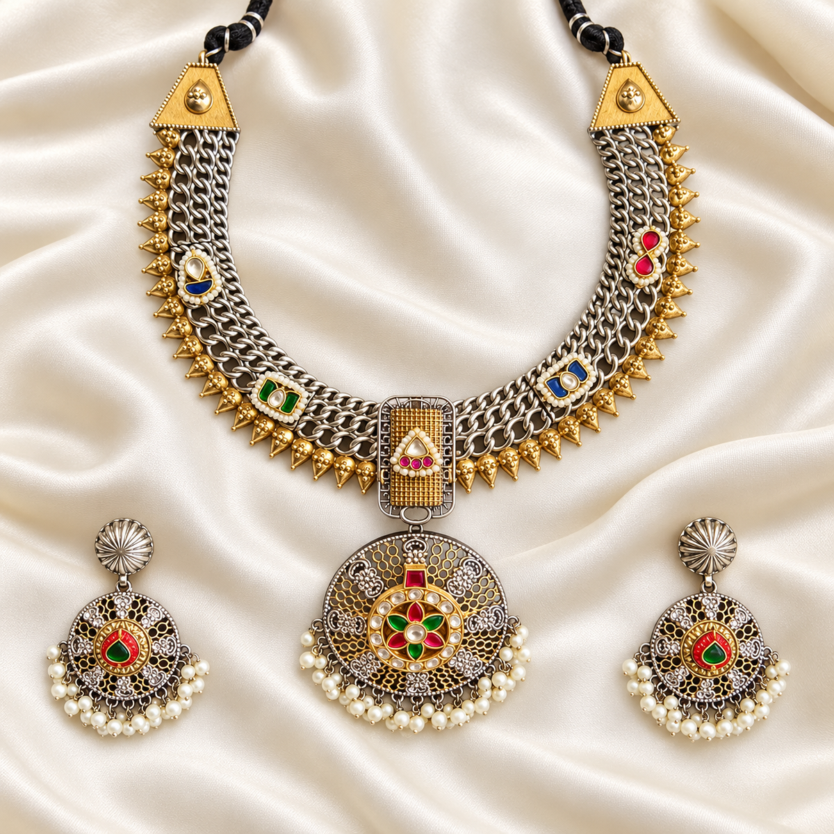 Fusion Round Pendant Layered Chain Set — AI-styled studio view; compare with original photograph