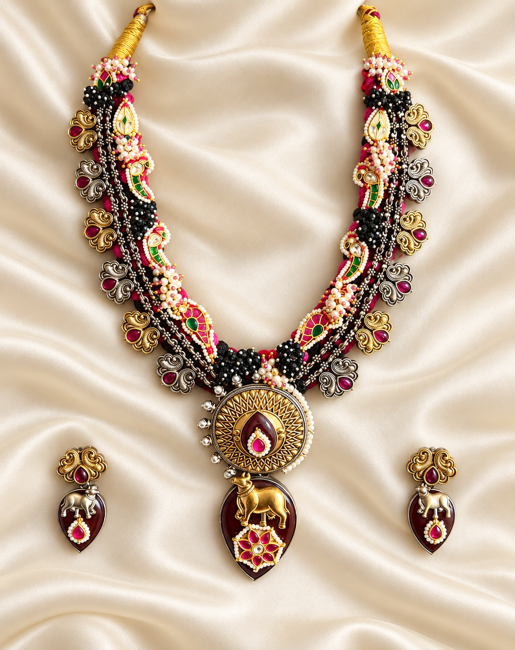 Fusion Burgundy Long Pendant Set — AI-styled studio view; compare with original photograph