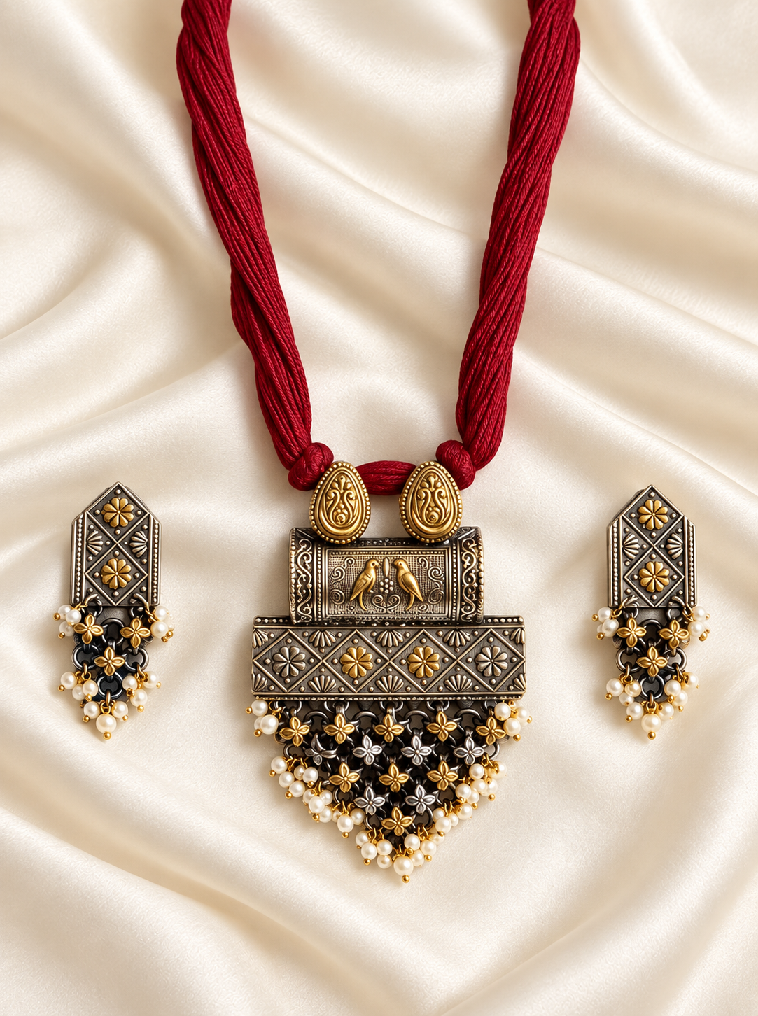 Fusion Red Cord Temple Pendant Set — AI-styled studio view; compare with original photograph