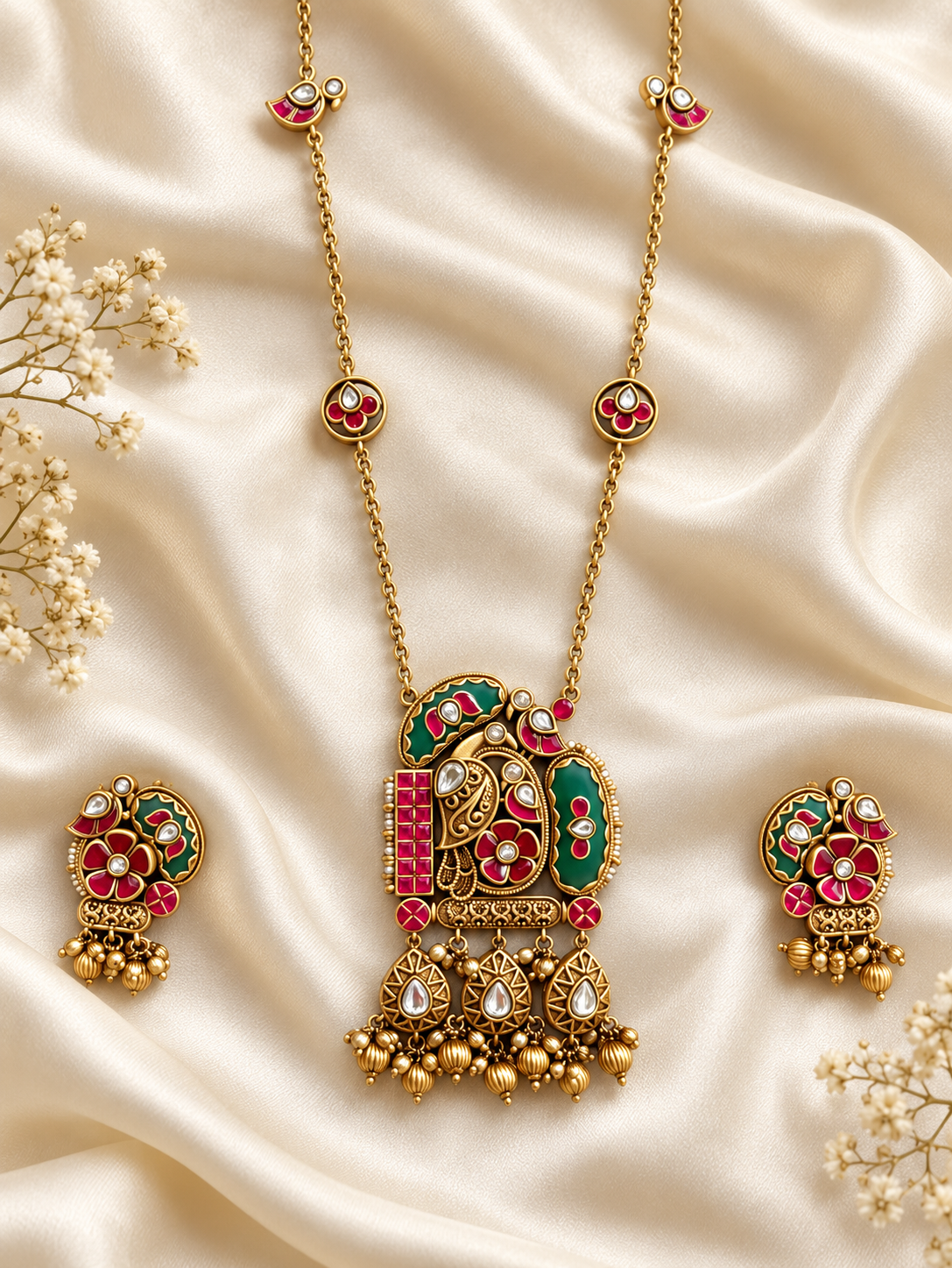 Heritage Red & Green Square Pendant Set — AI-styled studio view; compare with original photograph