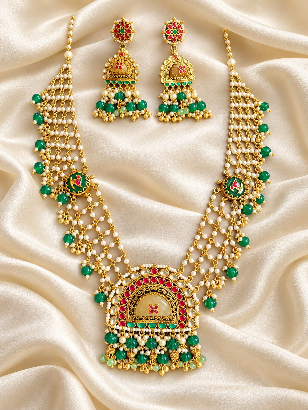 Kundan Green Bead Layered Necklace Set — AI-styled studio view; compare with original photograph