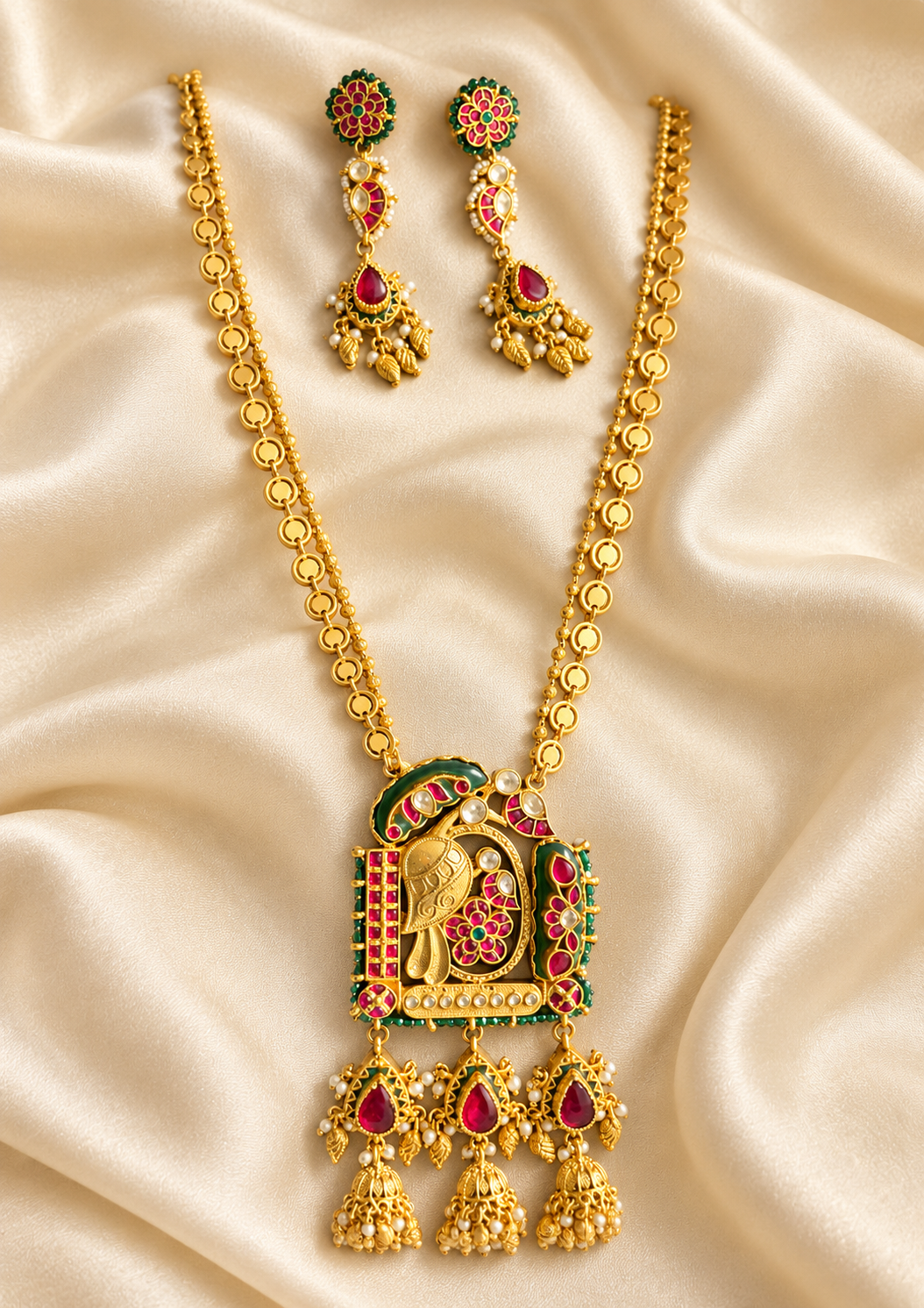 Kundan Temple Motif Long Necklace Set — AI-styled studio view; compare with original photograph