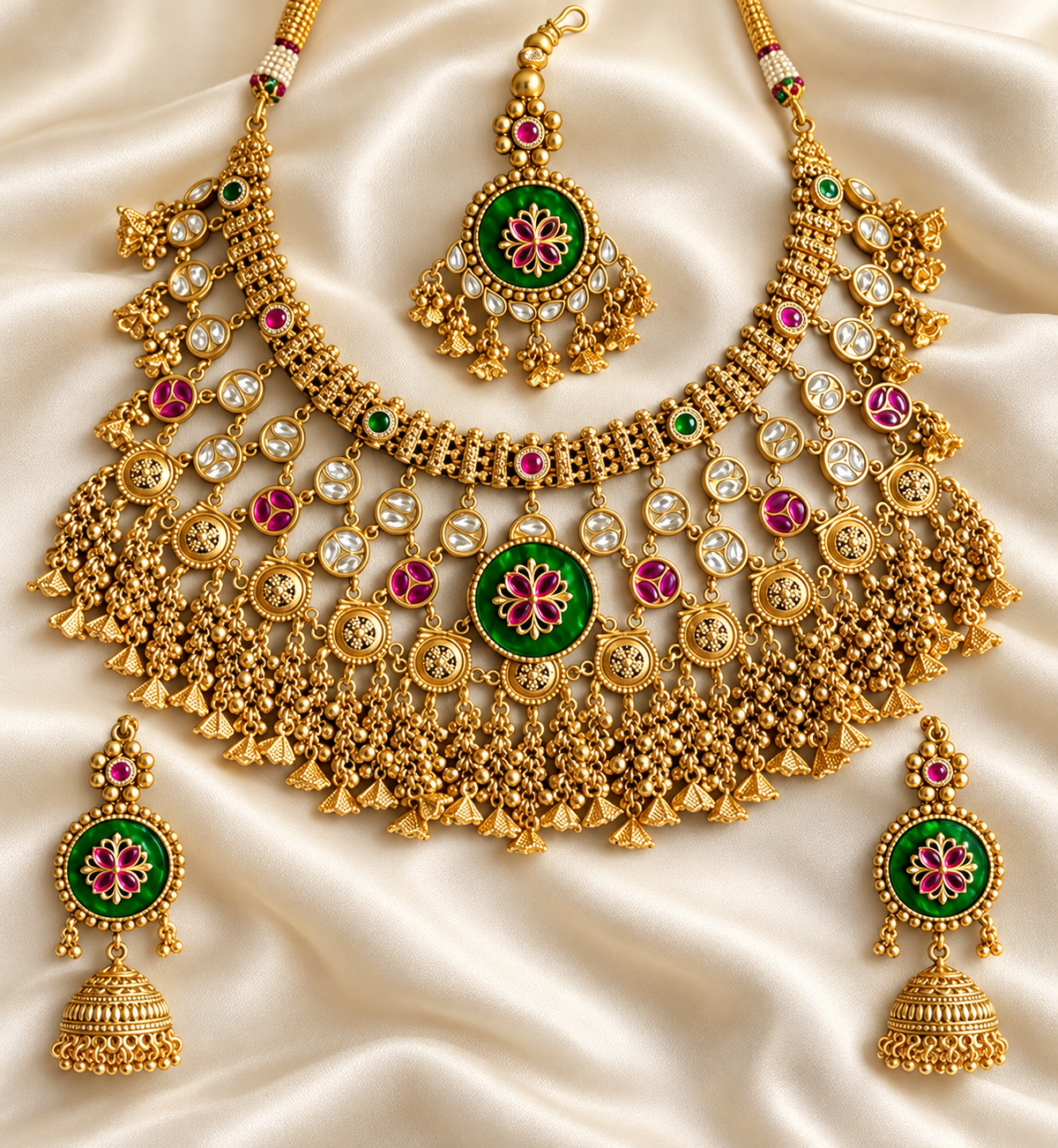 Heritage Green & Red Fringe Choker Set — AI-styled studio view; compare with original photograph