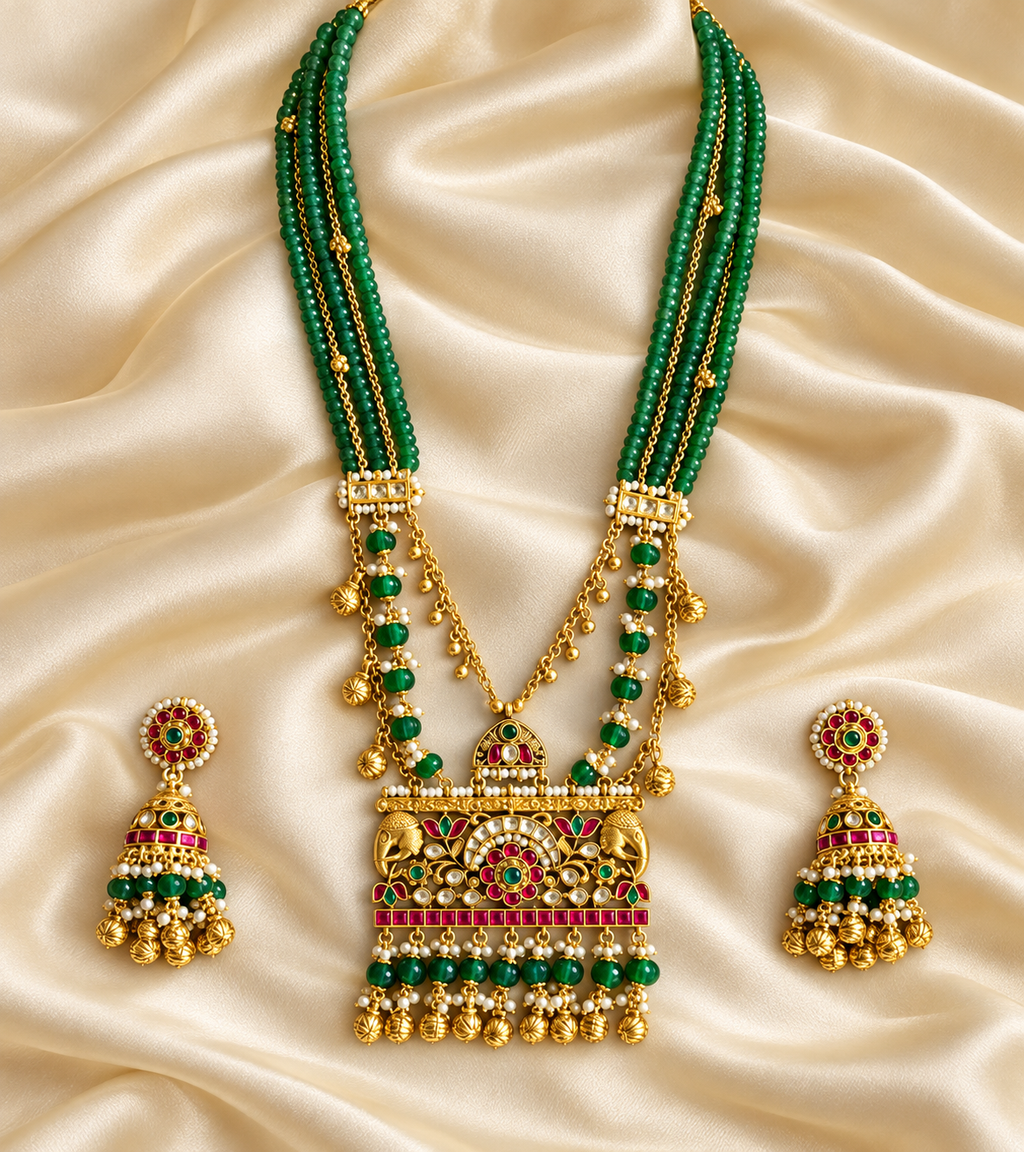 Heritage Green Strand Square Pendant Set — AI-styled studio view; compare with original photograph