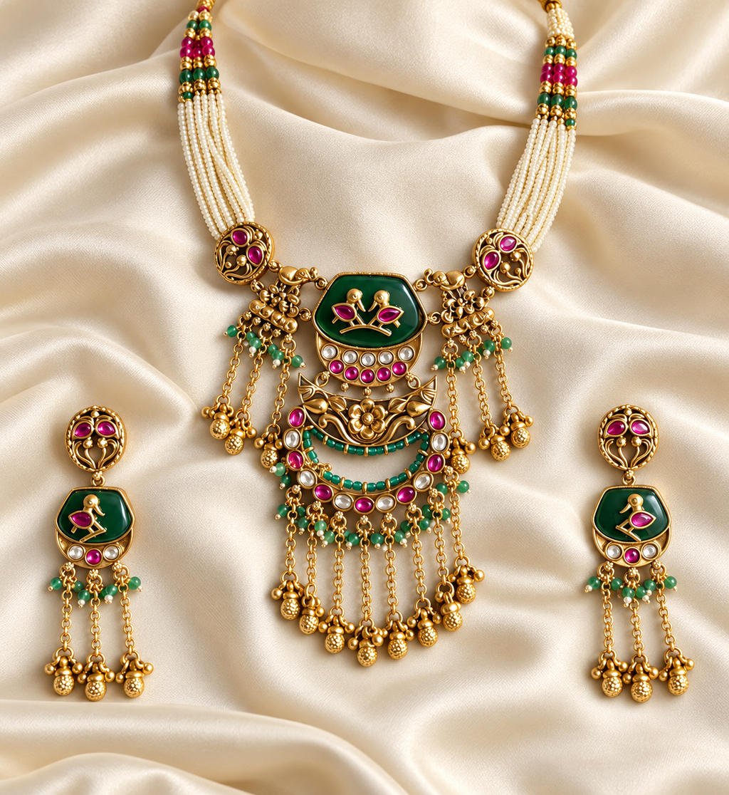 Heritage Red & Green Tassel Set — AI-styled studio view; compare with original photograph
