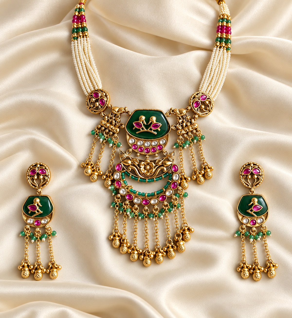 Heritage Red & Green Tassel Set — AI-styled studio view; compare with original photograph