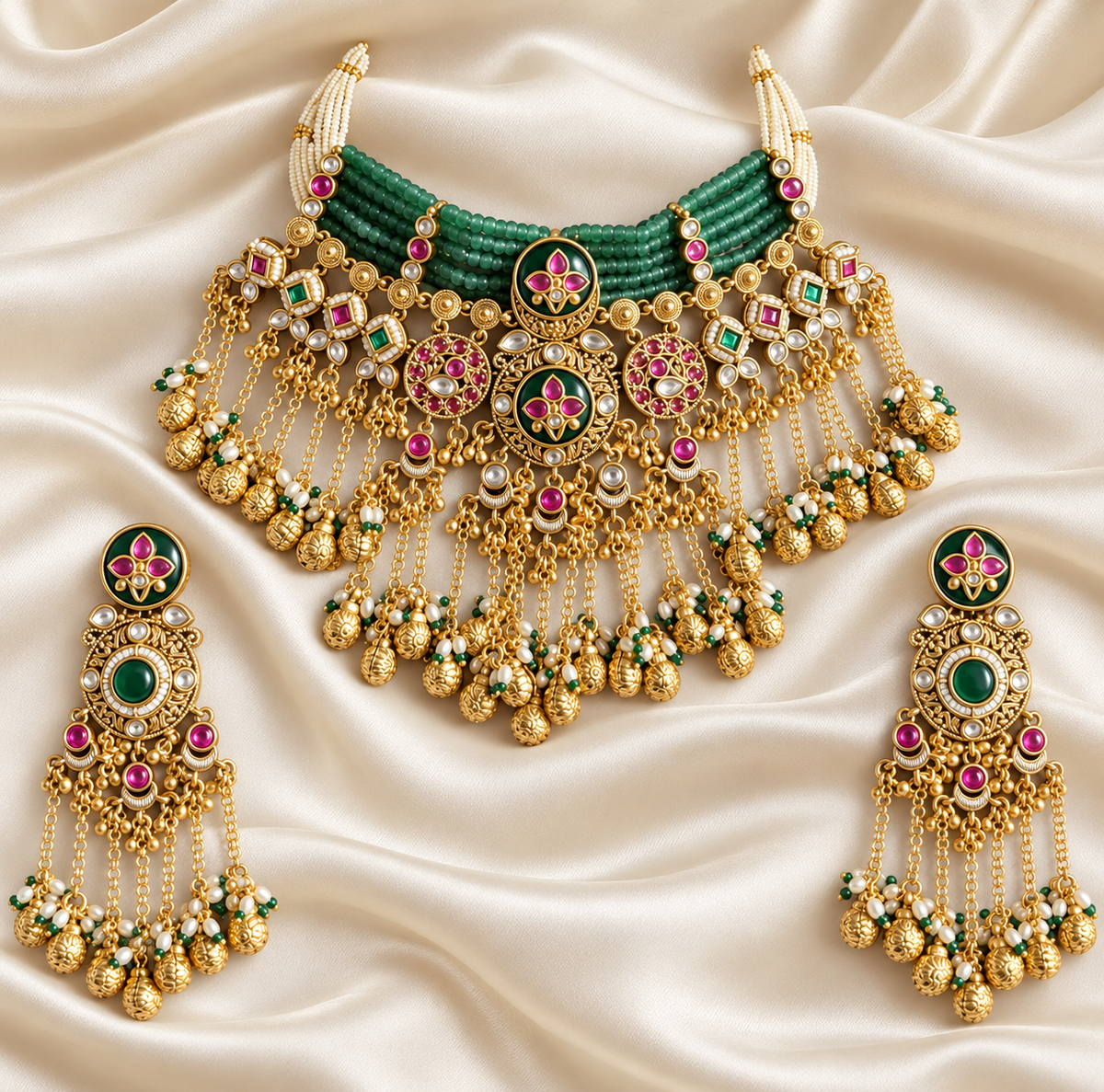 Heritage Green Bead Fringe Choker Set — AI-styled studio view; compare with original photograph