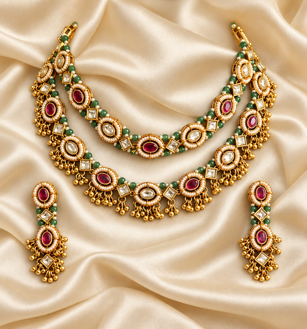 Heritage Red & Green Layered Necklace Set — AI-styled studio view; compare with original photograph