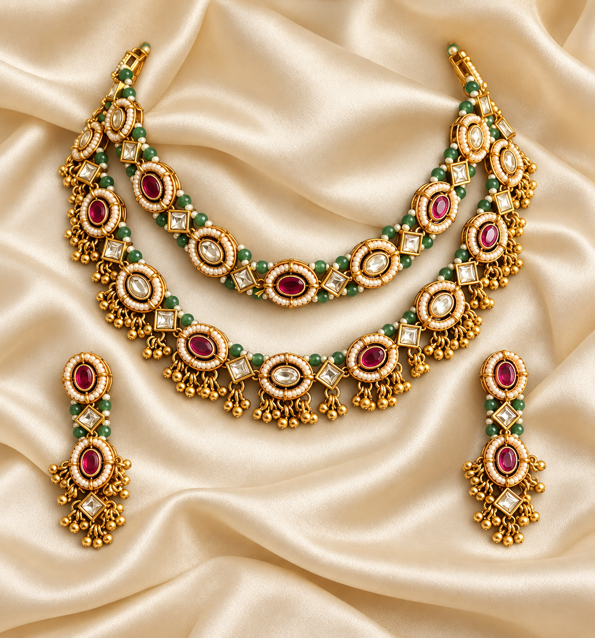 Heritage Red & Green Layered Necklace Set — AI-styled studio view; compare with original photograph