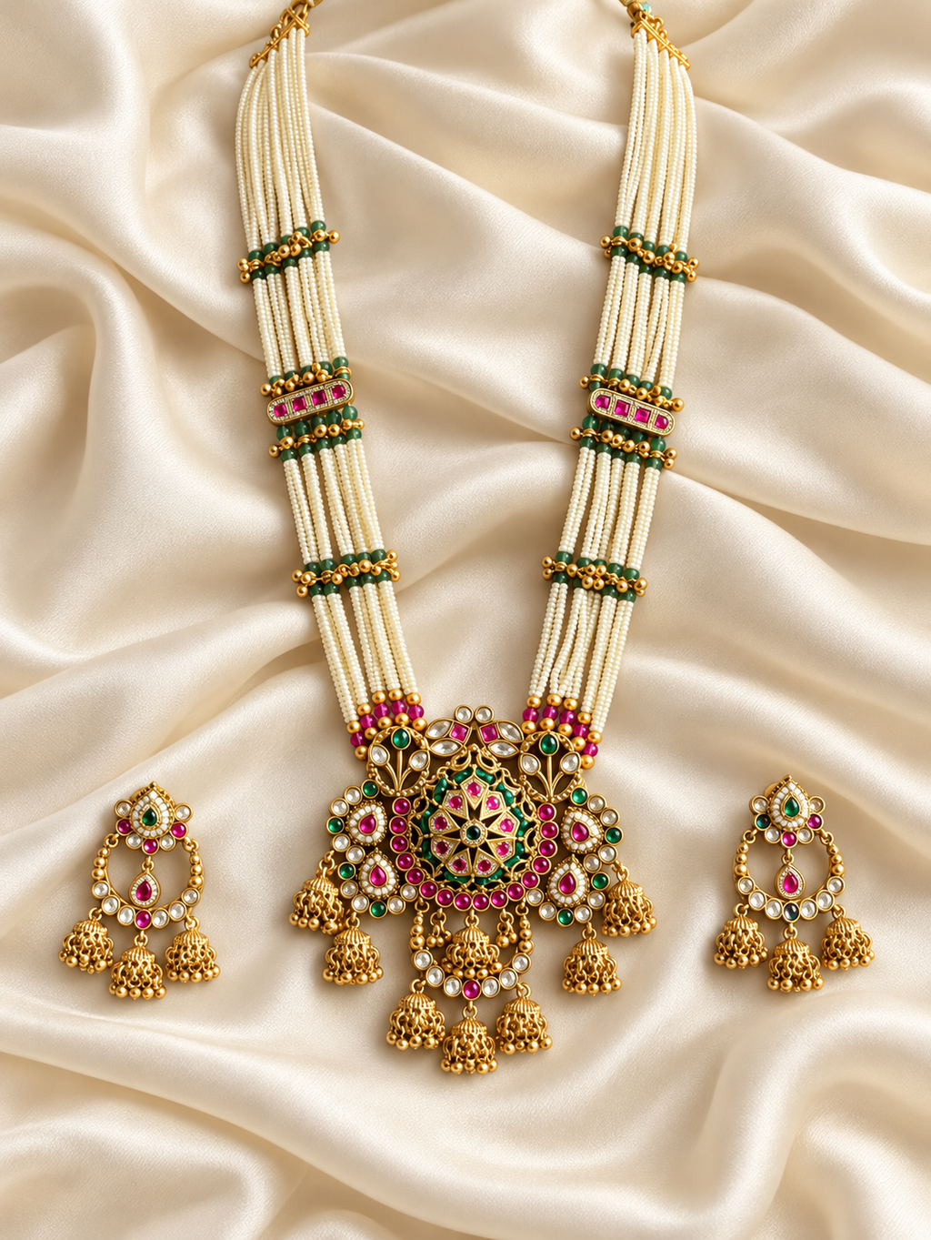 Heritage White Bead Floral Pendant Set — AI-styled studio view; compare with original photograph