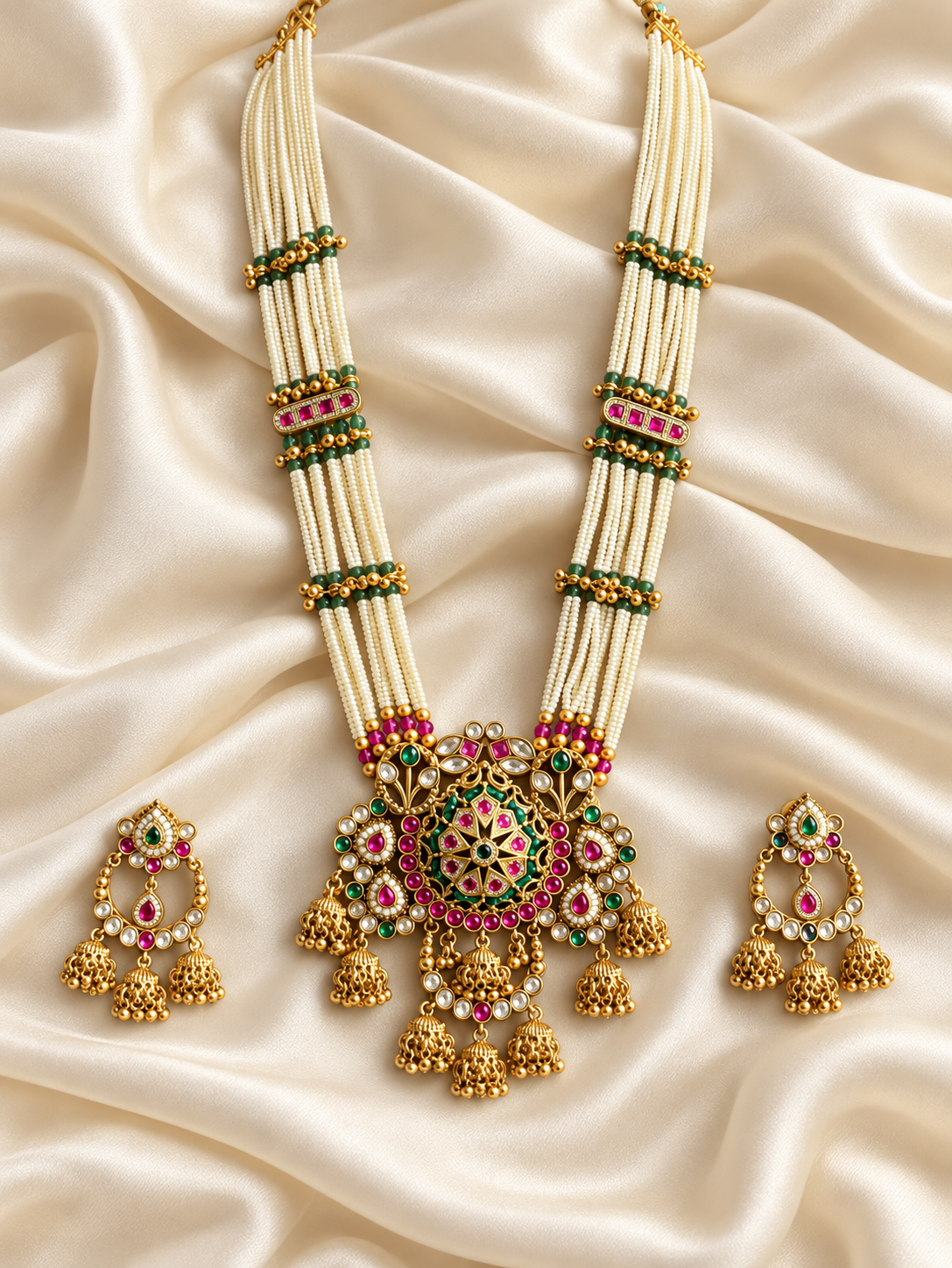 Heritage White Bead Floral Pendant Set — AI-styled studio view; compare with original photograph