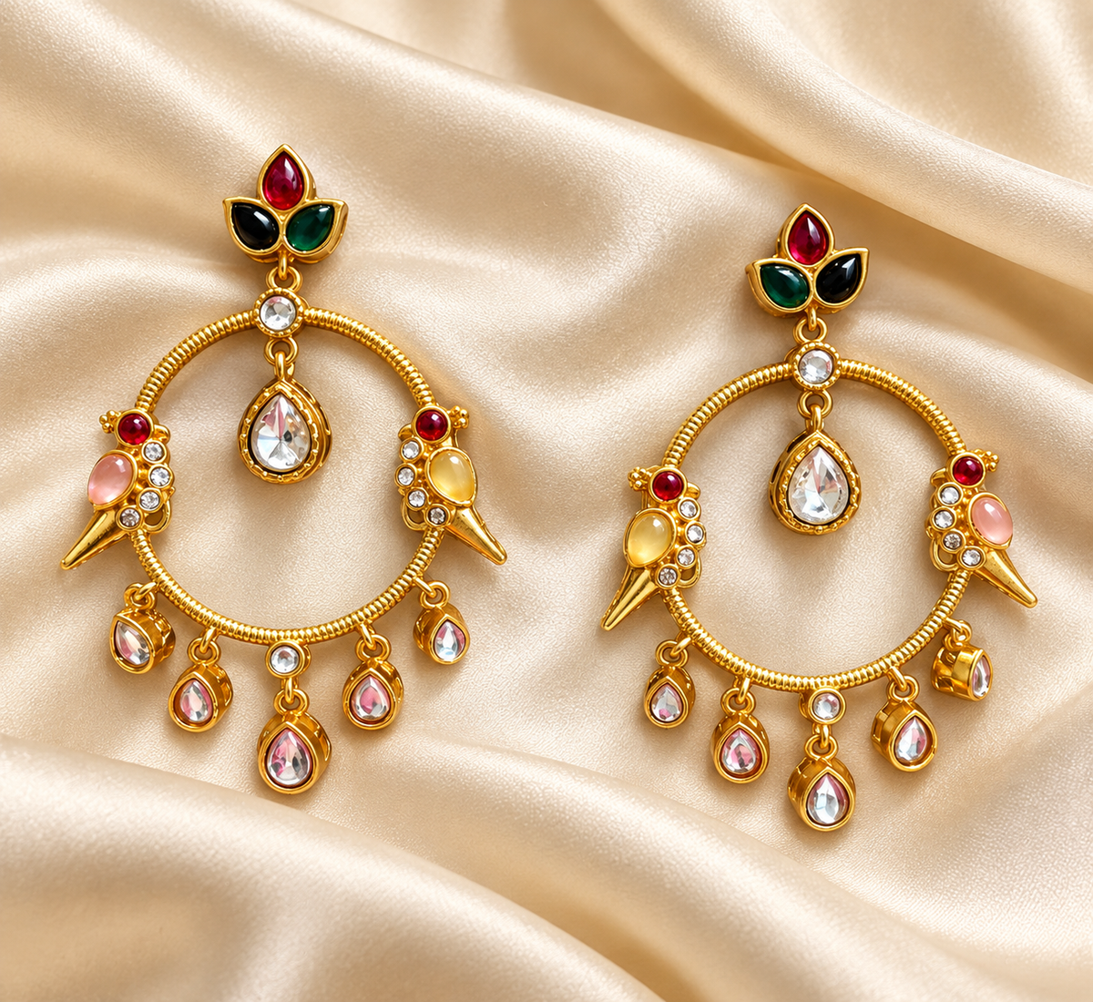 Fusion Red & Green Hoop Drop Earrings — AI-styled studio view; compare with original photograph