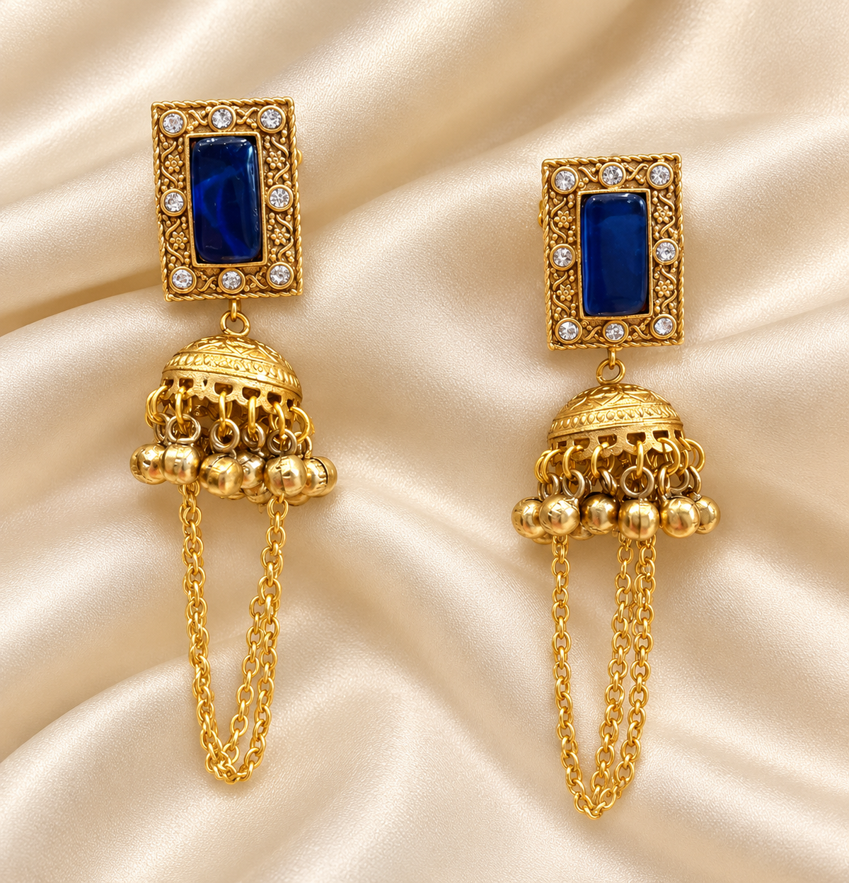 Fusion Blue Rectangle Tassel Earrings — AI-styled studio view; compare with original photograph