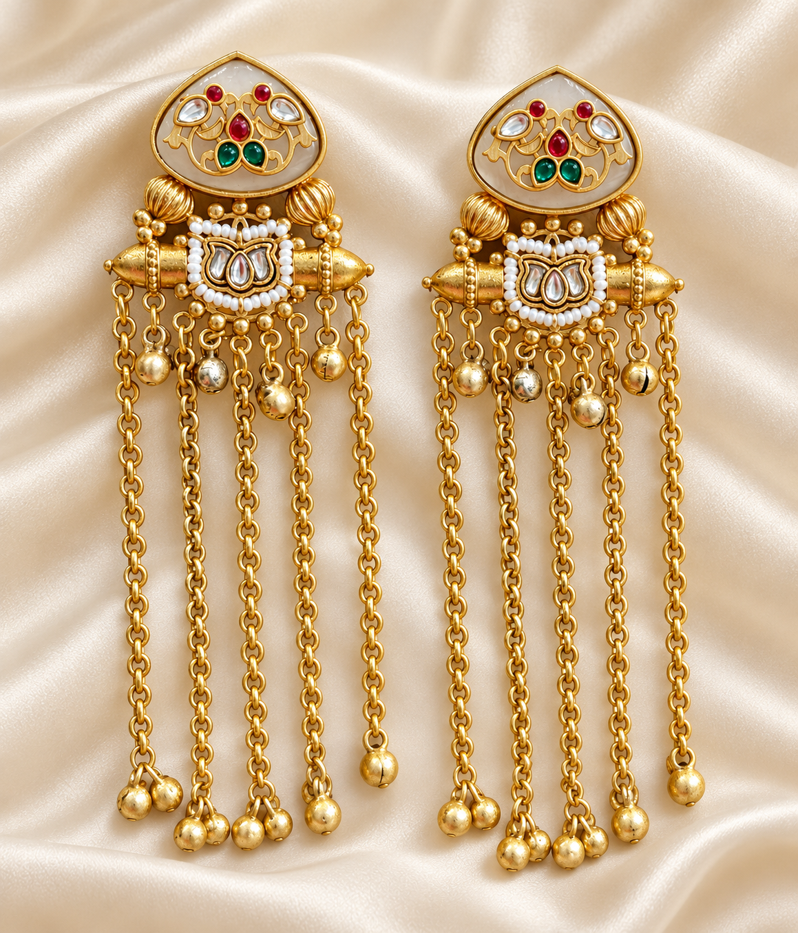 Fusion Red & Green Bell Tassel Earrings — AI-styled studio view; compare with original photograph