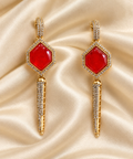 Fusion Red Geometric Drop Earrings — AI-styled studio view; compare with original photograph