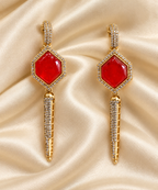Fusion Red Geometric Drop Earrings — AI-styled studio view; compare with original photograph