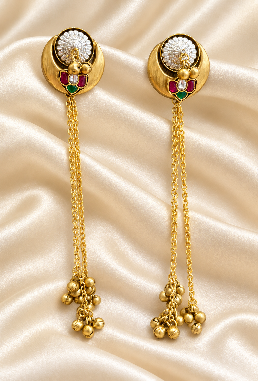 Fusion Coin Long Chain Earrings — AI-styled studio view; compare with original photograph