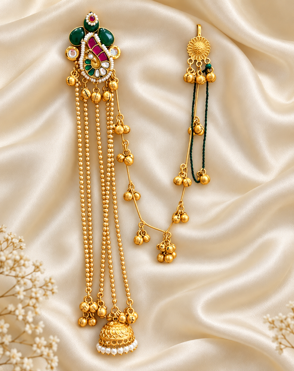 Fusion Red & Green Chain Jhumka Earrings — AI-styled studio view; compare with original photograph