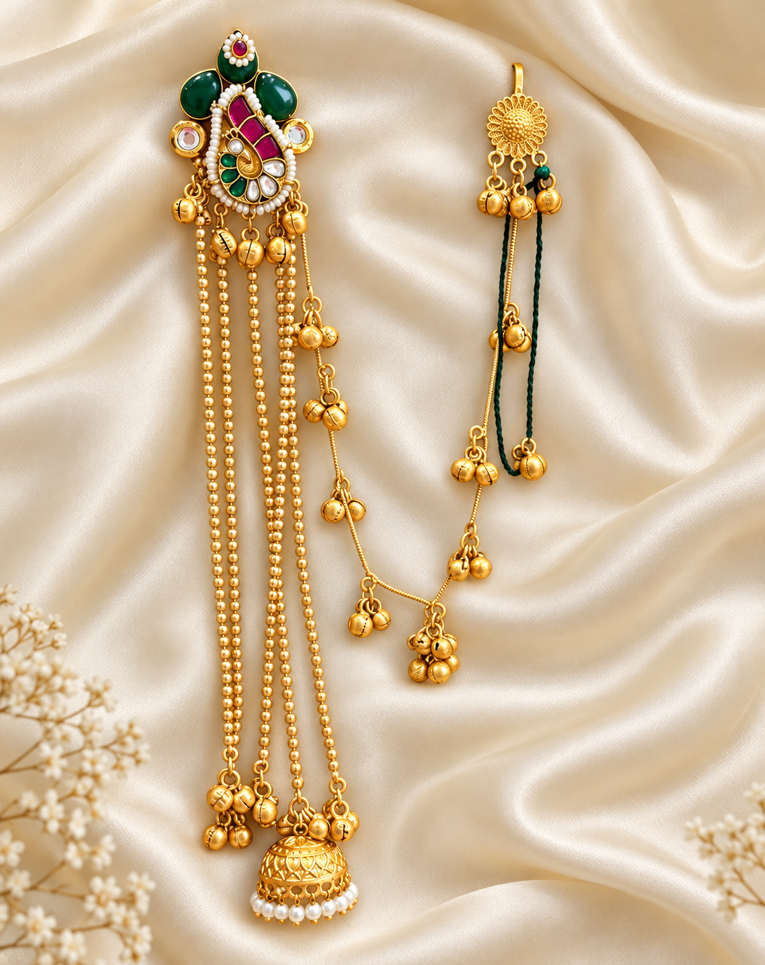 Fusion Red & Green Chain Jhumka Earrings — AI-styled studio view; compare with original photograph