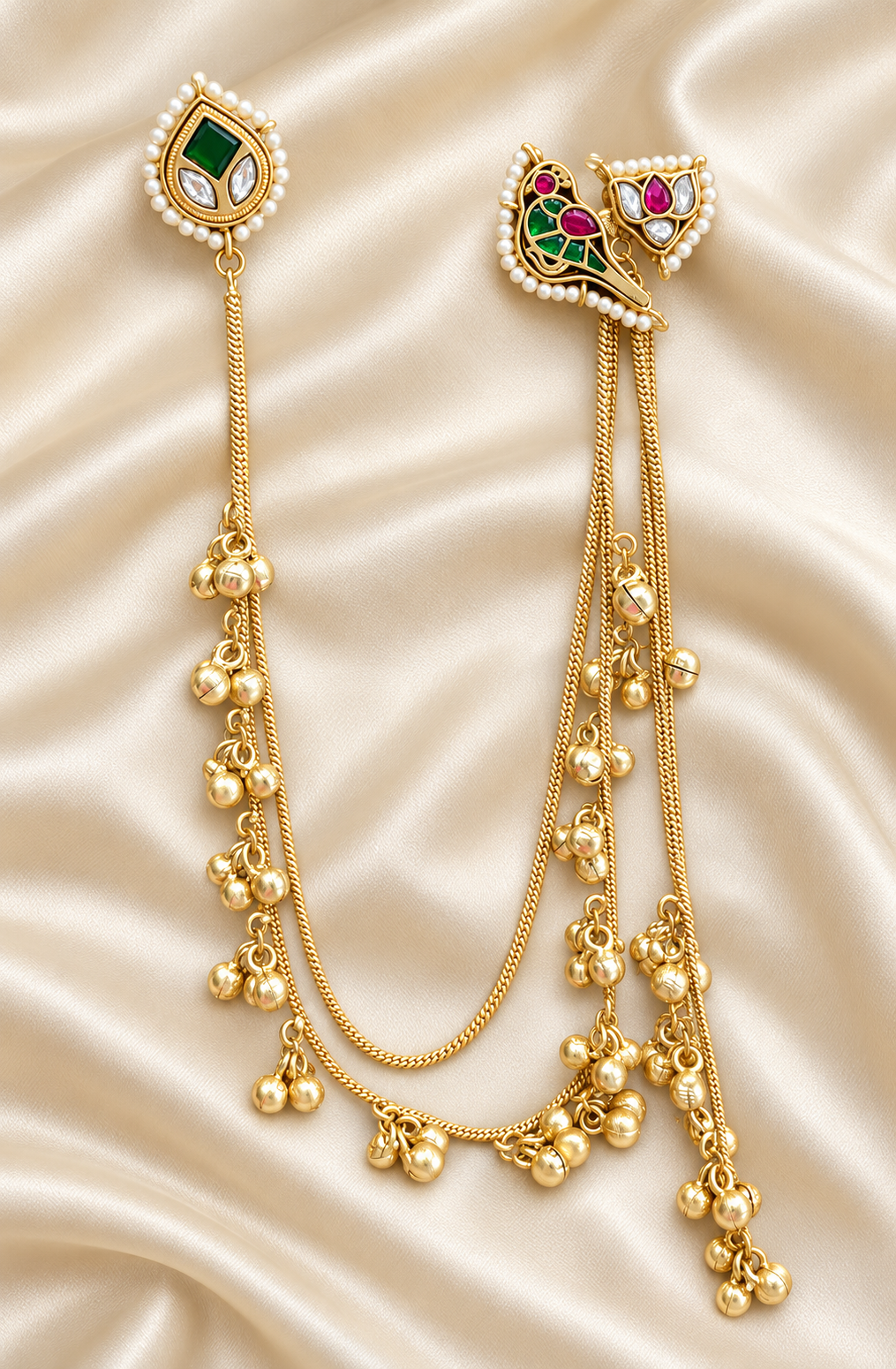 Fusion Green Motif Chain Earrings — AI-styled studio view; compare with original photograph