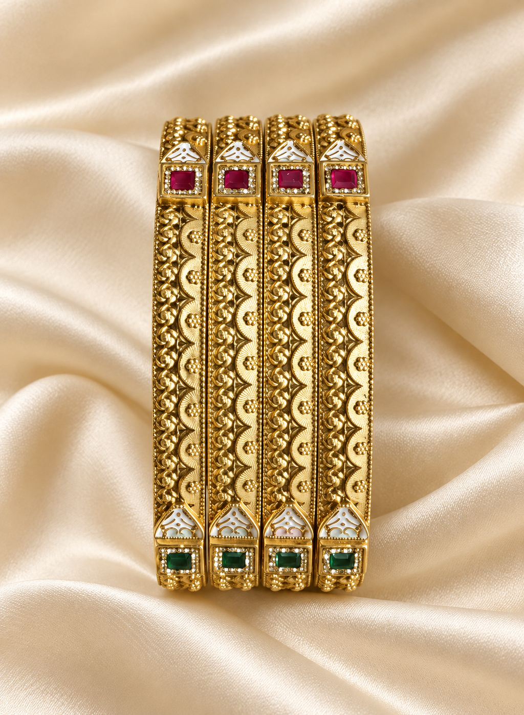 Antique Red Accent Filigree Bangles — AI-styled studio view; compare with original photograph