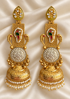 Fusion Peacock Coin Jhumka Earrings — AI-styled studio view; compare with original photograph