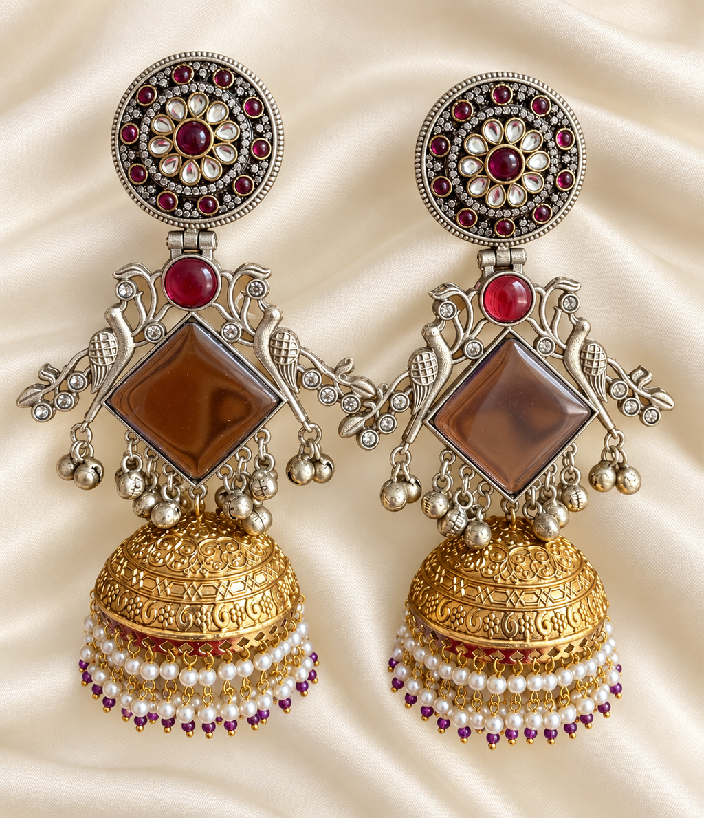Fusion Mirror & Jhumka Drop Earrings — AI-styled studio view; compare with original photograph
