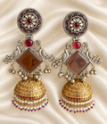 Fusion Mirror & Jhumka Drop Earrings — AI-styled studio view; compare with original photograph