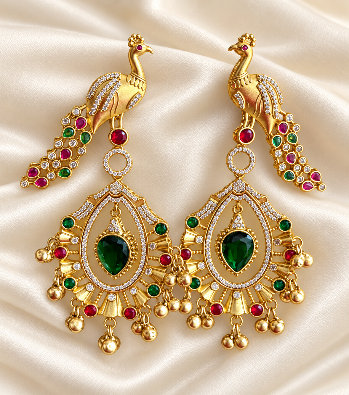 Fusion Peacock Green Teardrop Earrings — AI-styled studio view; compare with original photograph