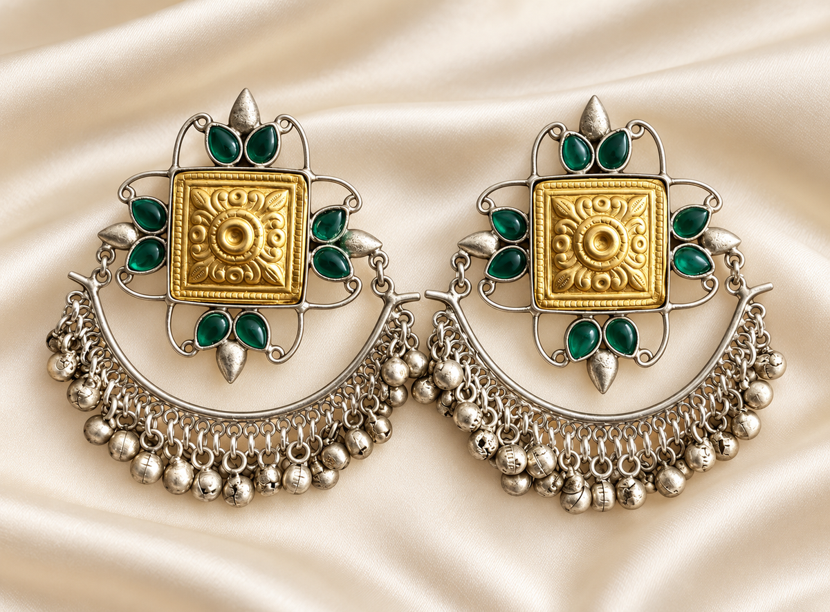 Fusion Green Bead Half-Moon Earrings — AI-styled studio view; compare with original photograph