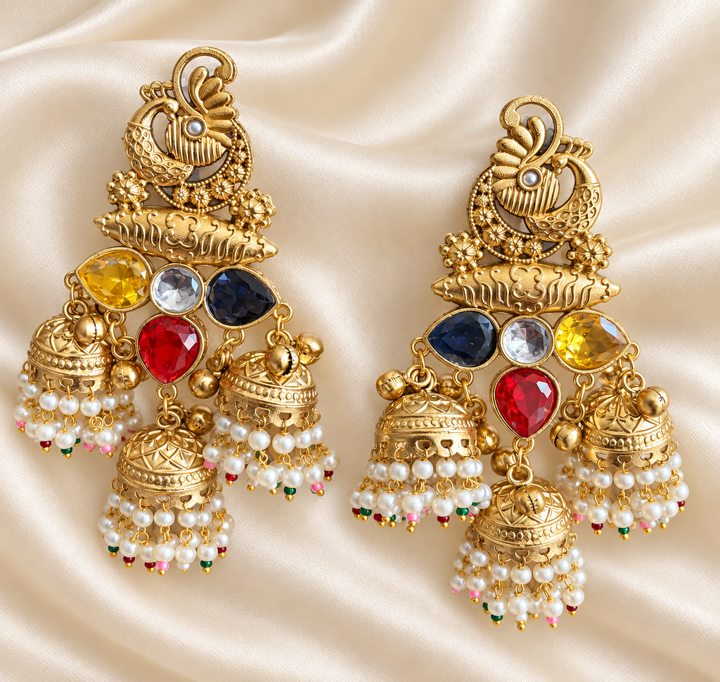 Fusion Multicolour Peacock Jhumka Earrings — AI-styled studio view; compare with original photograph